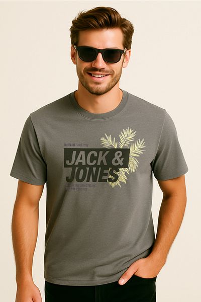 Jack & Jones J&J T-Shirt Men's Chest Logo Printed T-Shirt Castlerock Grey