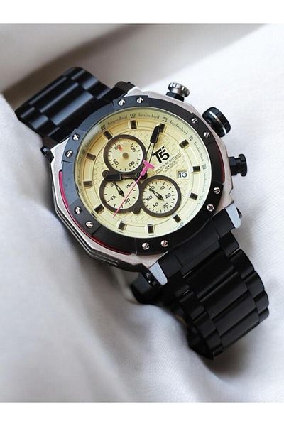 T5 Saat Men's Sports Watch – Cream Dial, Black Metal Band, Functional Chronograph Design