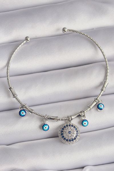 Avantaj Kapıda ®   Brass Silver Color Dangle Zircon Stone Evil Eye Bead Figure Charm Bracelet