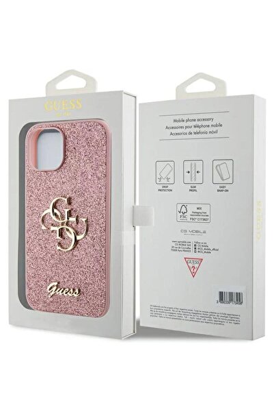 Guess Husa Fixed Glitter 4G Metal Logo iPhone 15 Roz
