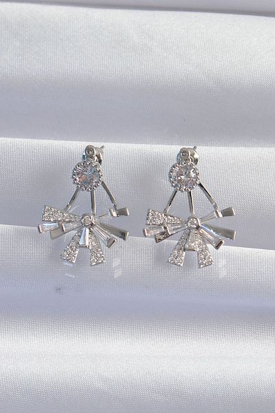 Avantaj Kapıda ®   Brass Silver Color Zircon Stone Flat Bow Model Earrings