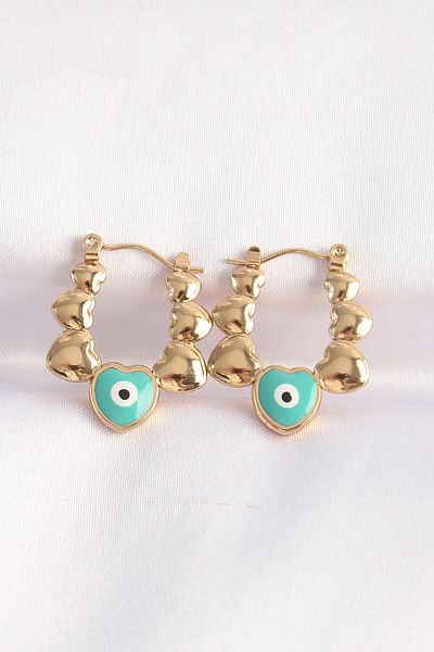 Avantaj Kapıda ®   316L Steel Gold Color Blue Evil Eye Heart Model Earrings