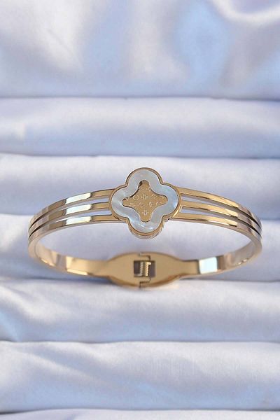 Avantaj Kapıda 316L Steel Gold Color Embroidered Pearlescent Clover Handcuffs