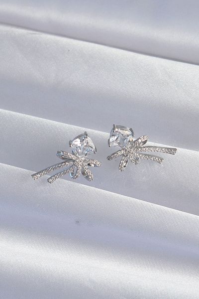 Avantaj Kapıda ®   Brass Silver Color Square Zircon Stone Bow Earrings