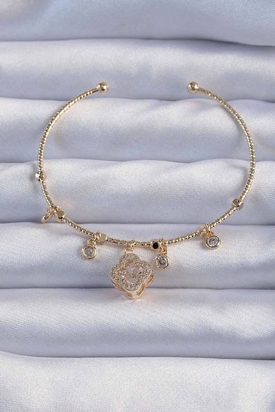 Avantaj Kapıda ®   Brass Gold Color Zircon Stone Clover Model Charm Bracelet