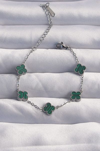 Avantaj Kapıda ®   316L Steel Baby Boy Silver Color Striped Green Enamel Clover Bracelet