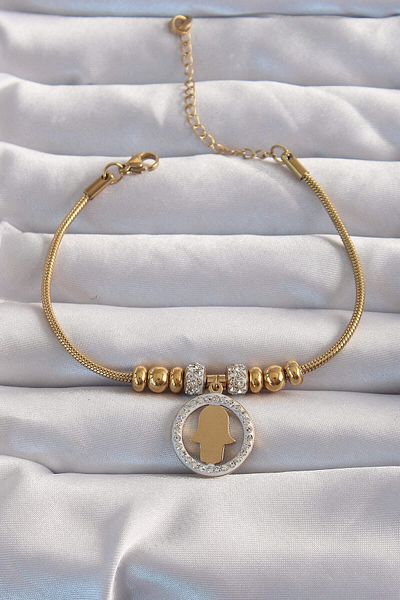 Avantaj Kapıda ®   316L Steel Gold Color Zircon Stone Accessory Fatma Ana Hand Bracelet