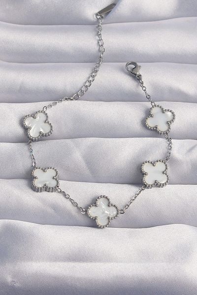 Avantaj Kapıda ®   316L Steel Silver Color White Pearlescent Clover Bracelet