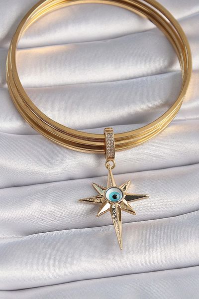 Avantaj Kapıda ®   Brass Gold Color Zircon Stone Pole Star Evil Eye Bead Detail Ajda Charm