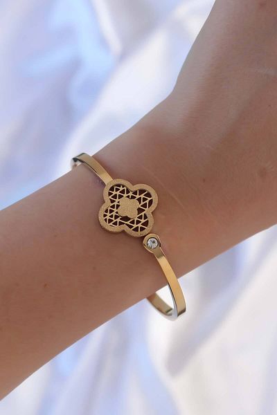 Avantaj Kapıda ®   316L Steel Gold Color Zircon Stone Silvery Clover Handcuffs