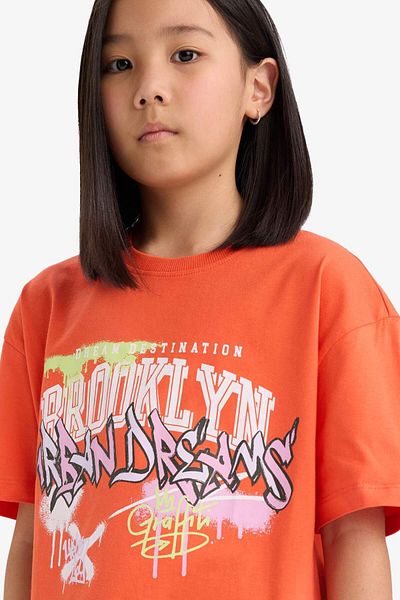 DeFacto Girls Oversize Wide Fit Printed Crew Neck Short Sleeve T-Shirt E0386A825Sm