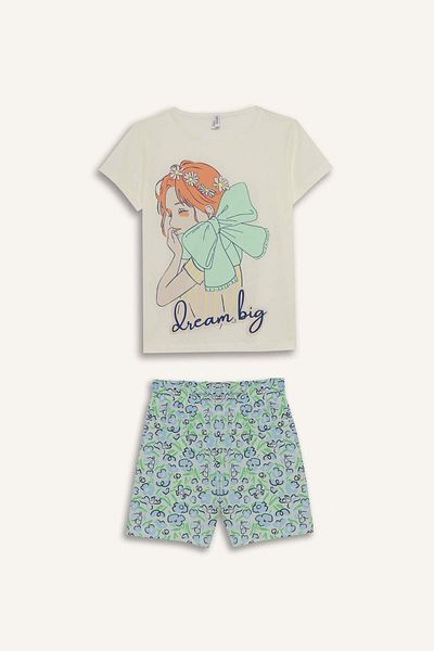DeFacto Girls Pajamas Set Printed Short Sleeve Top Elastic Waist Shorts E0663A825Hs
