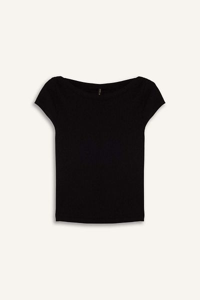 DeFacto Slim Fit Slim Fit Boat Neck Ribbed Camisole Black Short Sleeve T-Shirt F5015Ax25Sm