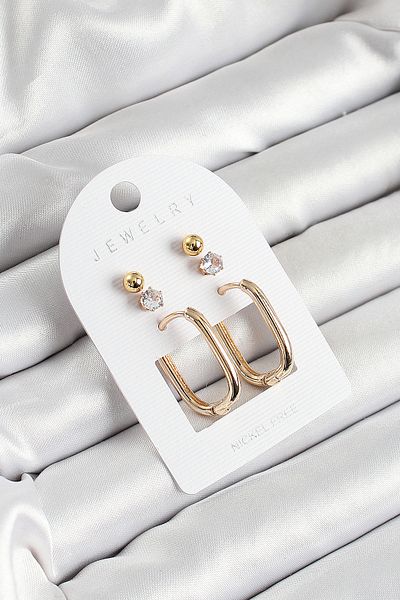 Skygo Gold Color 3-Piece Double Women's Earring Set with Brass Zircon Stone and Rectangular Figure - Tj-Bkp10651