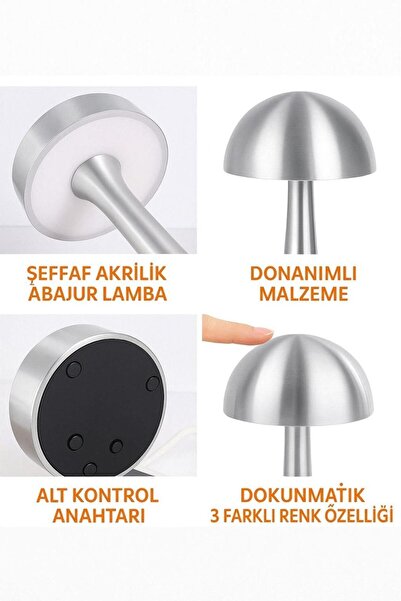 Genel Markalar Mantar Gümüş Masa Lambası Şarjlı Dokunmatik 3 Renk Ayarlanabilir