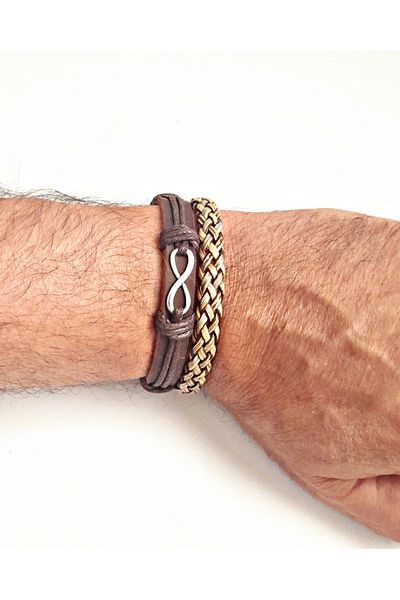 BSN Store 2-Pack Fashionable Khaki Leather Bracelet Accessory with Eternity Figure