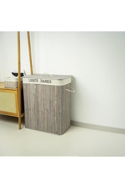 Generic سلة غسيل هوني بي المتينة من الخيزران ذات القسمين مع غطاء، لون رمادي 2...