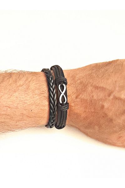 BSN Store 2-Pack Fashionable Khaki Leather Bracelet Accessory with Eternity Figure