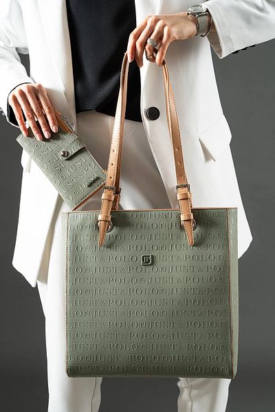 Just Polo Women's Green Camel Large Size Handbag and Wallet Combination 31 X 32 cm