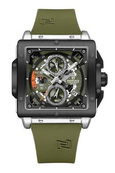 Naviforce Men's Wristwatch - Silver & Green Detailed Chronograph Dial, Green Silicone Strap | Analog Elegance
