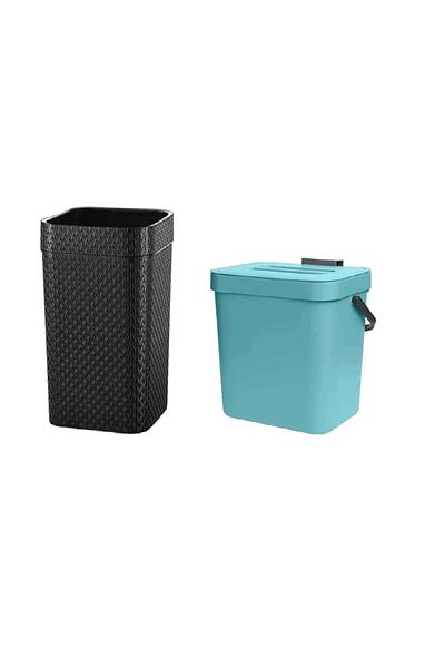 Mugypyr Kitchen Waste Bin Set of 2, Plastic, Black/Blue, 23 x 23 x 30 cm/19 x 15 x 25 cm