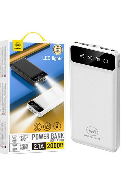 REDz Accessories Maxcell PJ0068 Battery, 20,000mAh Capacity, Dual USB, LED Display and Flashlight, White