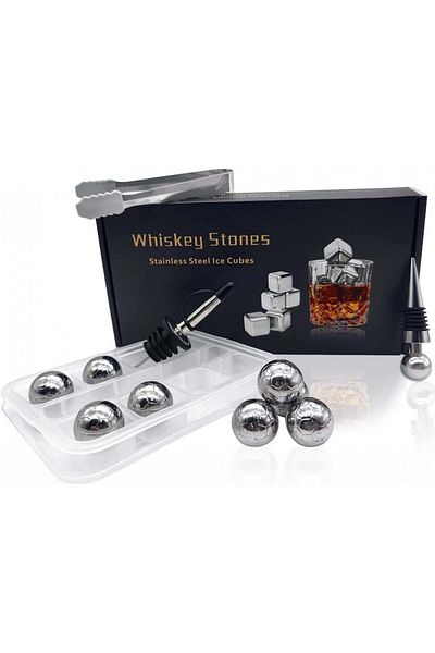 Nuwiq Set of 8 drink cooling cubes with ice tongs and bottle stopper Nuwiq, stainless steel, silver