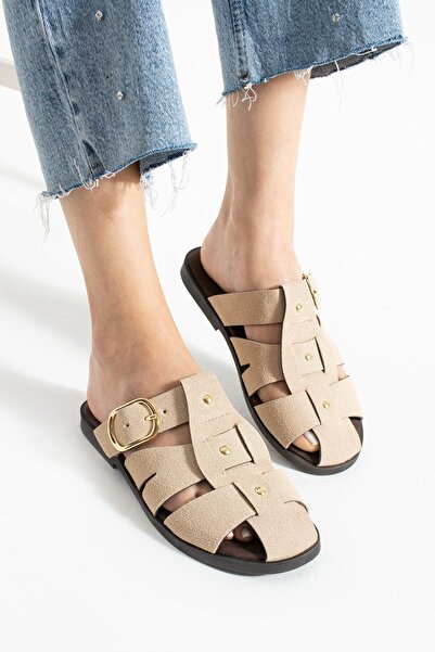 diclepolat Sarra Beige Suede Belt Detailed Flat Sole Women's Slippers