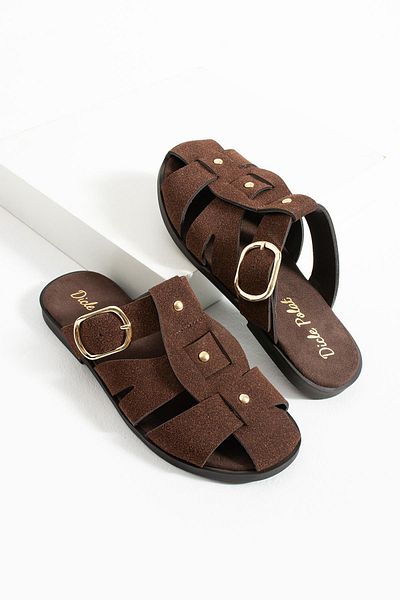 diclepolat Sarra Brown Suede Belt Detailed Flat Sole Women's Slippers