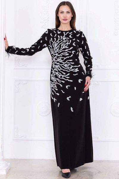 lodmela Evening Dress with Stone Pattern and Feather Sleeve Detail 2747-Black