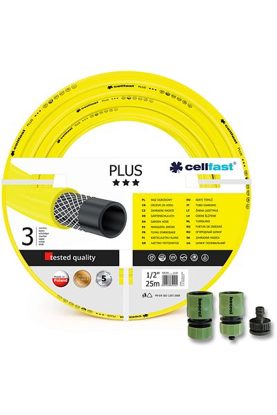 Cellfast Garden Hose, 3 Layers, Gift 2 Couplers, 1 Adapter, 1/2", 25 M, Plus