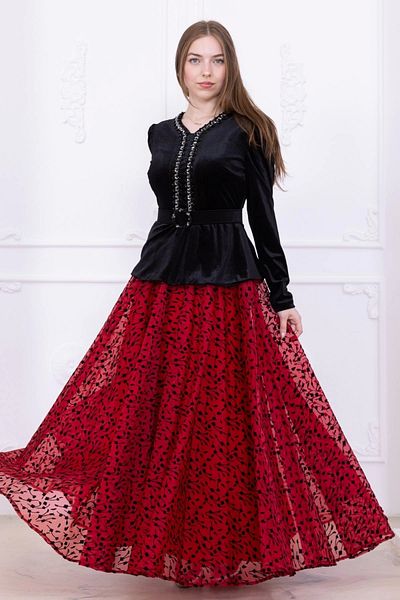 lodmela Velvet Evening Dress with Embroidery Detail 2748-Black/Red