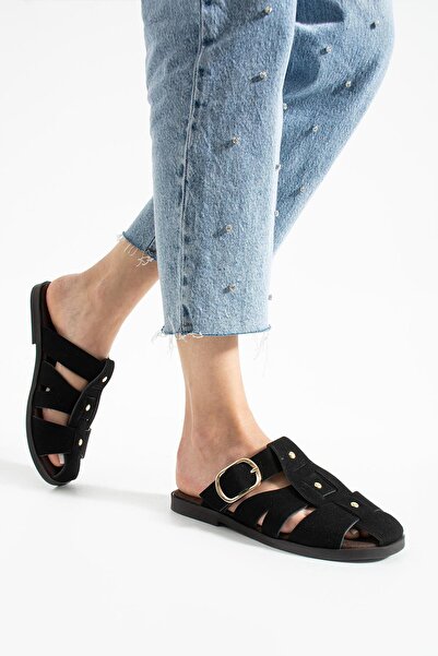 diclepolat Sarra Black Suede Belt Detailed Flat Sole Women's Slippers