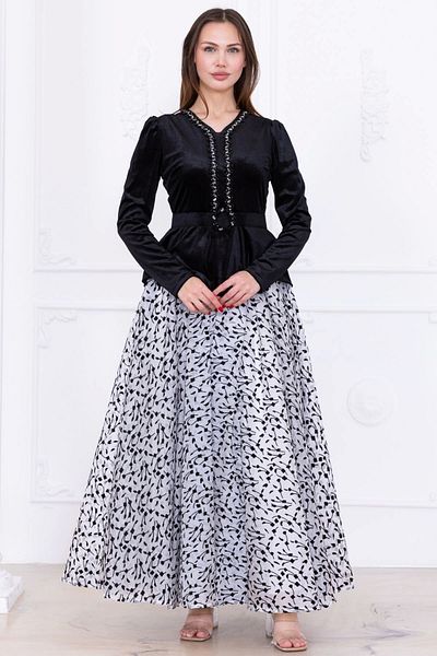 lodmela Evening Dress Velvet Dress with Embroidery Detail 2748-Black/White
