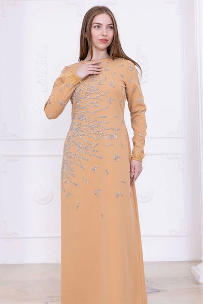 lodmela Evening Dress with Stone Pattern and Feather Sleeve Detail 2747-Camel