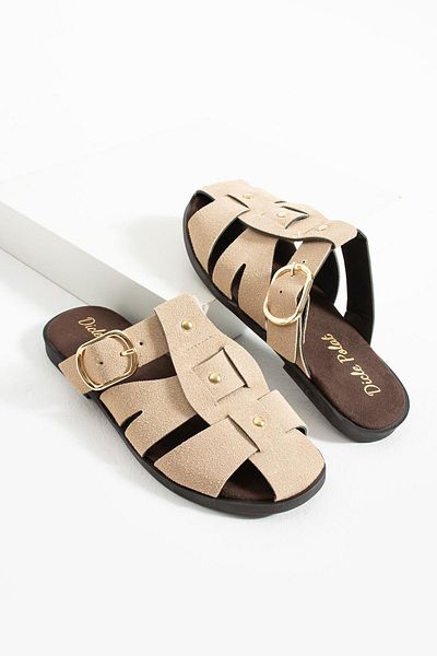 diclepolat Sarra Beige Suede Belt Detailed Flat Sole Women's Slippers