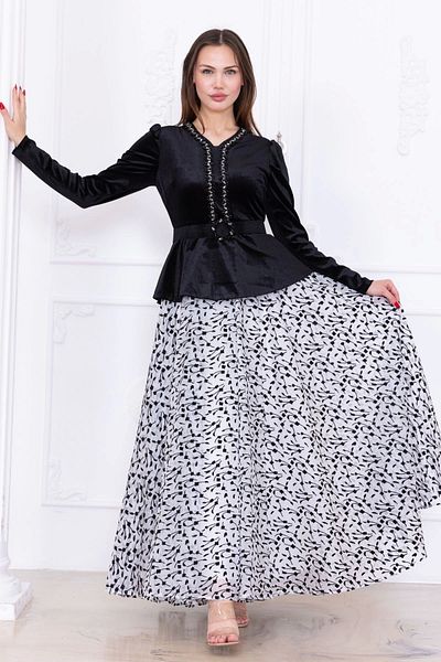 lodmela Evening Dress Velvet Dress with Embroidery Detail 2748-Black/White