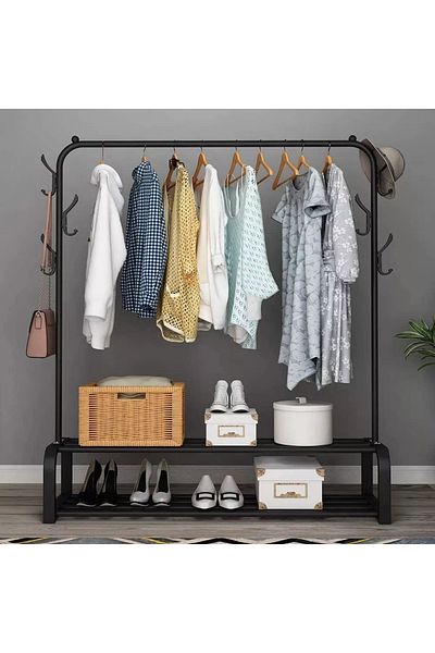 COOYA Metal Clothes Hanger With Storage Shelves, Hooks, 110x54x150cm, Organizer for Hanging Clothes