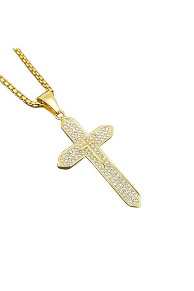 Tessero Lantisor design cubic cu pandantiv in forma de cruce, placat cu aur 18K, pietre zirconiu, otel inoxi