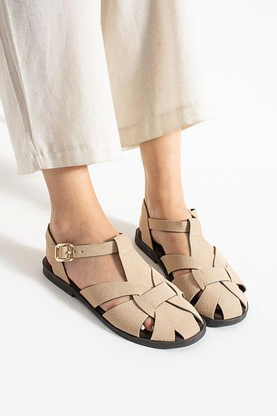 diclepolat Carla Beige Suede Buckle Detailed Flat Sole Women's Sandals