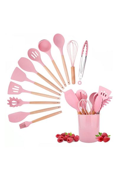 Salestore Set 12 pink kitchen utensils, wood, silicone, with stainless steel holder, non-stick, heat resistant
