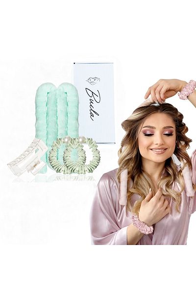 Salestore Heatless curling rod set for natural curls, soft fabric, 2 scrunchies, hair clips, green color