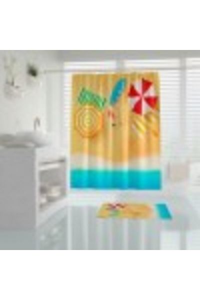 Tropikhome Set perdea de duș 3D și covoraș de baie, Plajă
