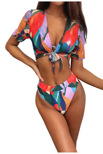Tessero Women's 3-piece swimsuit set, geometric pattern, sleeveless blouse, push-up bra, sli