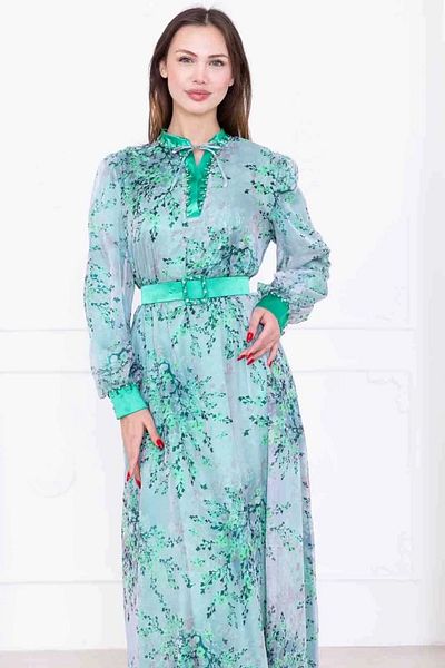 lodmela Chiffon Dress with Collar Tie Detail and Beaded Embroidery 2735-Green