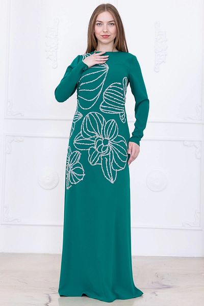 lodmela Stone Patterned Crepe Evening Dress 2738-Emerald Green