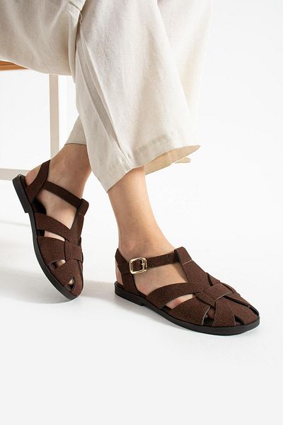 diclepolat Carla Brown Suede Buckle Detailed Flat Sole Women's Sandals