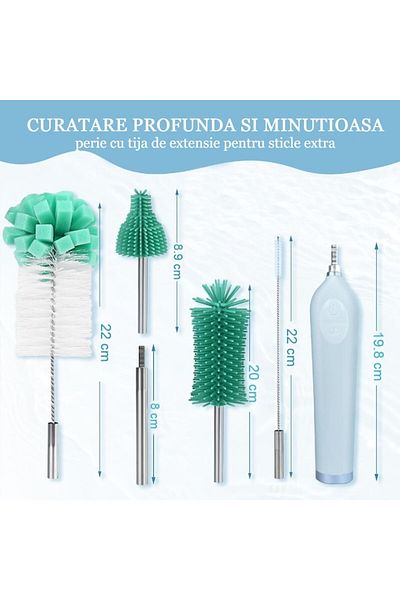 Salestore Electric bottle brush, 3 speeds, 4 heads, telescopic rod, USB charge, IPX7 waterproof, 7W, green