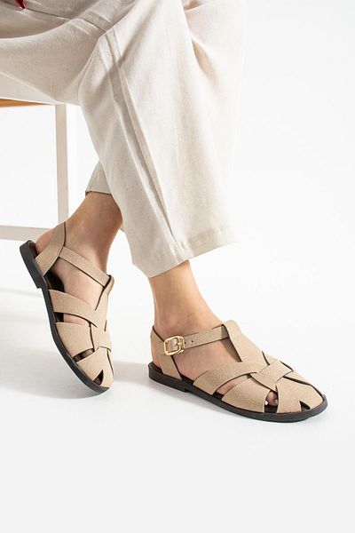 diclepolat Carla Beige Suede Buckle Detailed Flat Sole Women's Sandals