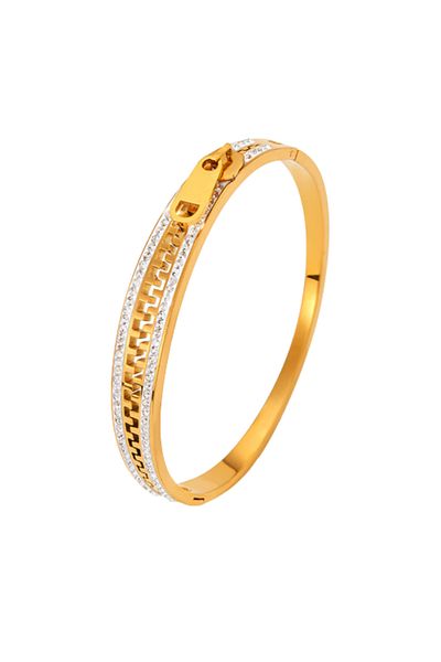 Tessero Women's fixed Bangle bracelet, zipper-shaped model, zircon stones, stainless steel, closed